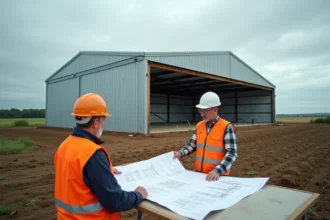 Deux constructeurs examinent les plans d'un hangar agricole en acier en cours de montage dans un champ rural français