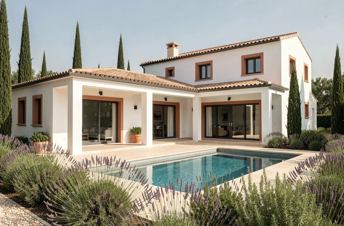 Maison de style méditerranéen construite par Constructions du Midi dans le Gers, avec terrasse couverte et piscine entourée de plantes du sud