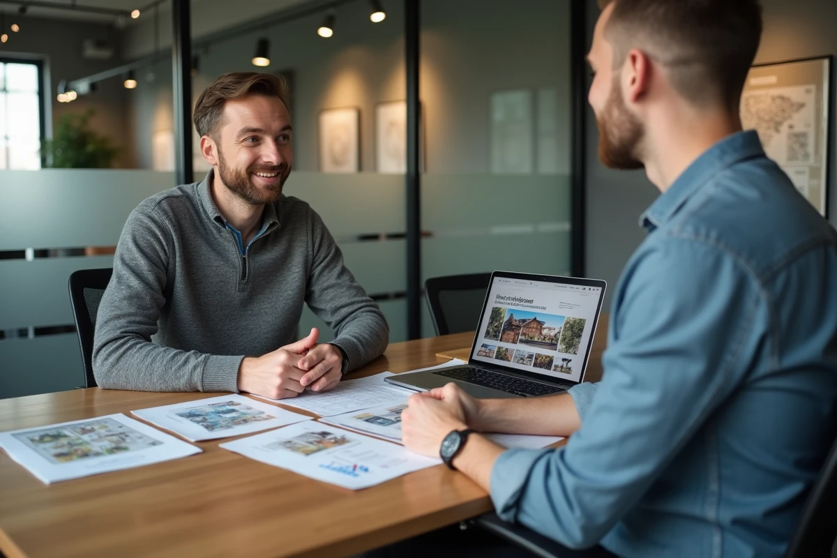 Client en consultation avec un conseiller immobilier dans un bureau d'agence moderne à Colmar