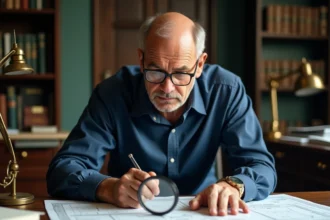 Homme consultant des plans cadastraux pour identifier le propriétaire d'une parcelle de terrain