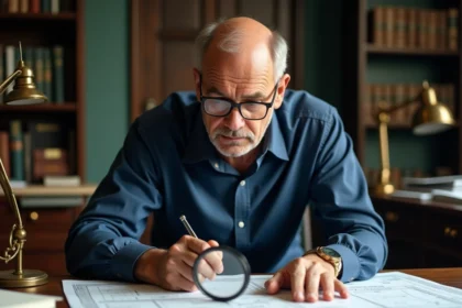 Homme consultant des plans cadastraux pour identifier le propriétaire d'une parcelle de terrain