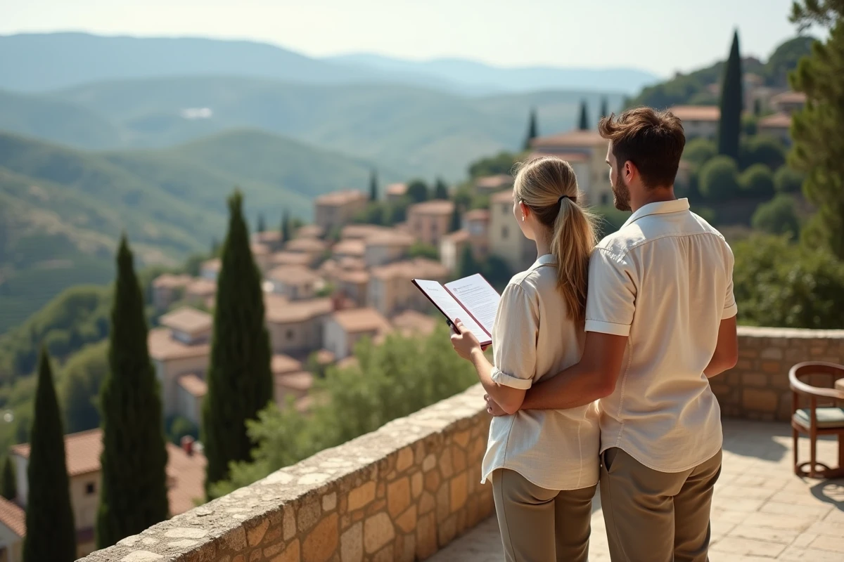 Couple consultant des brochures immobilières sur une terrasse avec vue panoramique sur les coteaux et toits provençaux