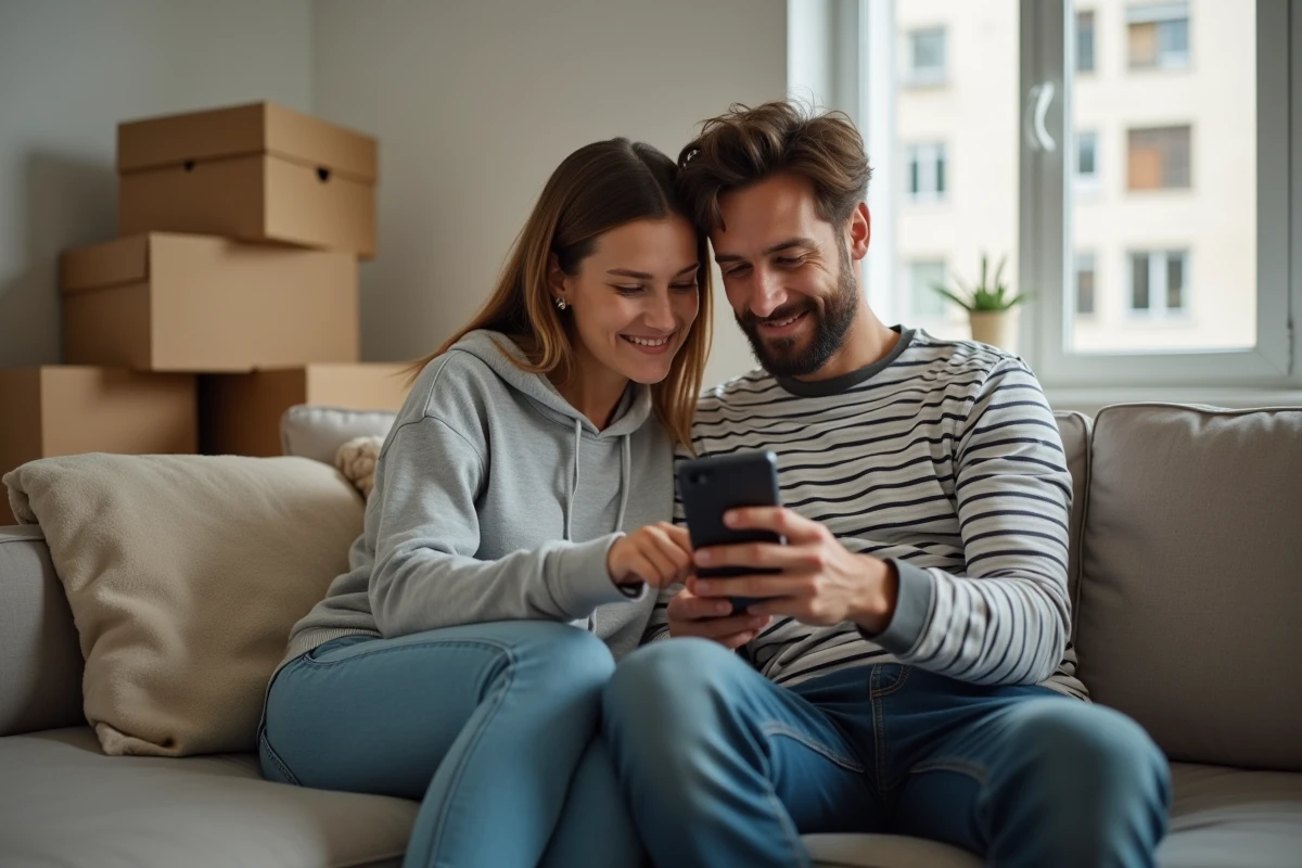 Couple consultant un message de bailleur social sur smartphone concernant leur attribution de logement