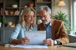 Couple d'adultes examinant des documents immobiliers dans un bureau moderne