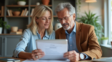 Couple d'adultes examinant des documents immobiliers dans un bureau moderne