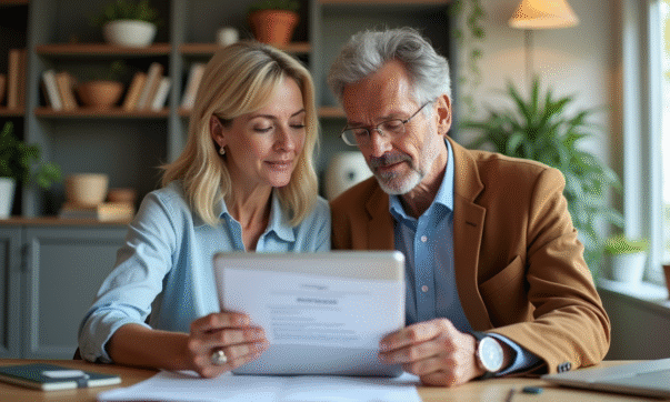 Couple d'adultes examinant des documents immobiliers dans un bureau moderne