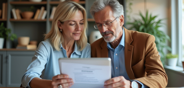 Couple d'adultes examinant des documents immobiliers dans un bureau moderne