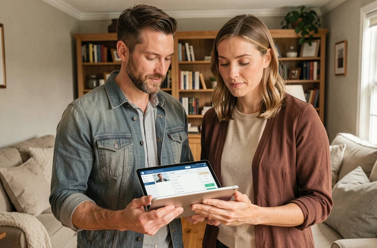 Couple consultant un logiciel d'estimation immobilière sur tablette pour fixer le prix de vente de leur maison