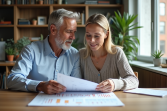 Couple d'adultes en train de revoir des documents financiers à la maison