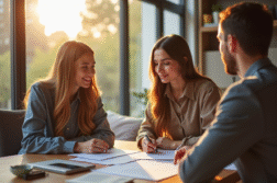 Jeune couple professionnel avec agent immobilier dans un appartement lumineux