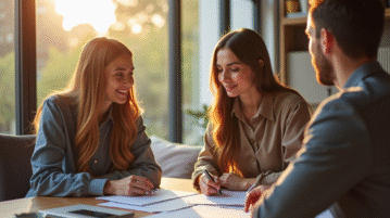 Jeune couple professionnel avec agent immobilier dans un appartement lumineux