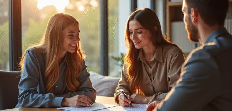 Jeune couple professionnel avec agent immobilier dans un appartement lumineux