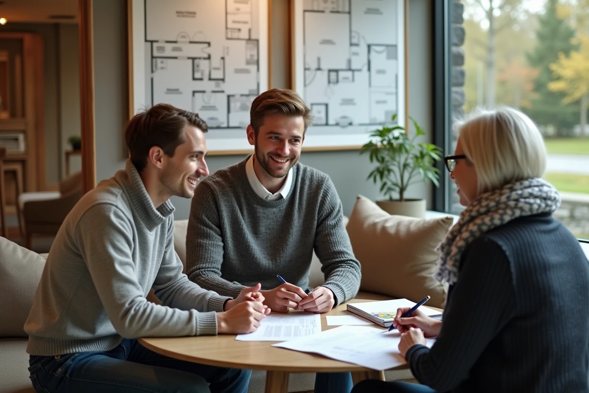 Jeune couple discute avec un agent immobilier dans une réception chaleureuse