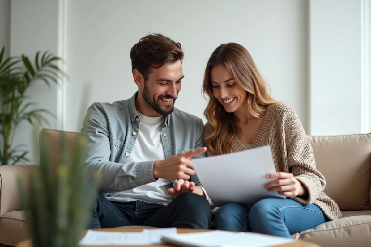 Couple relisant ensemble une lettre de motivation pour louer un appartement, assis sur un canapé avec des papiers éparpillés