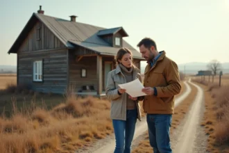 Un couple examine les documents d'une maison à donner gratuite en zone rurale isolée, hésitant face à l'éloignement géographique