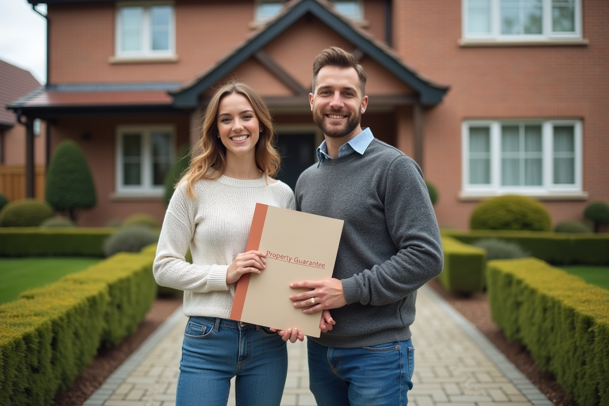 Jeune couple devant leur nouvelle maison dans la banlieue