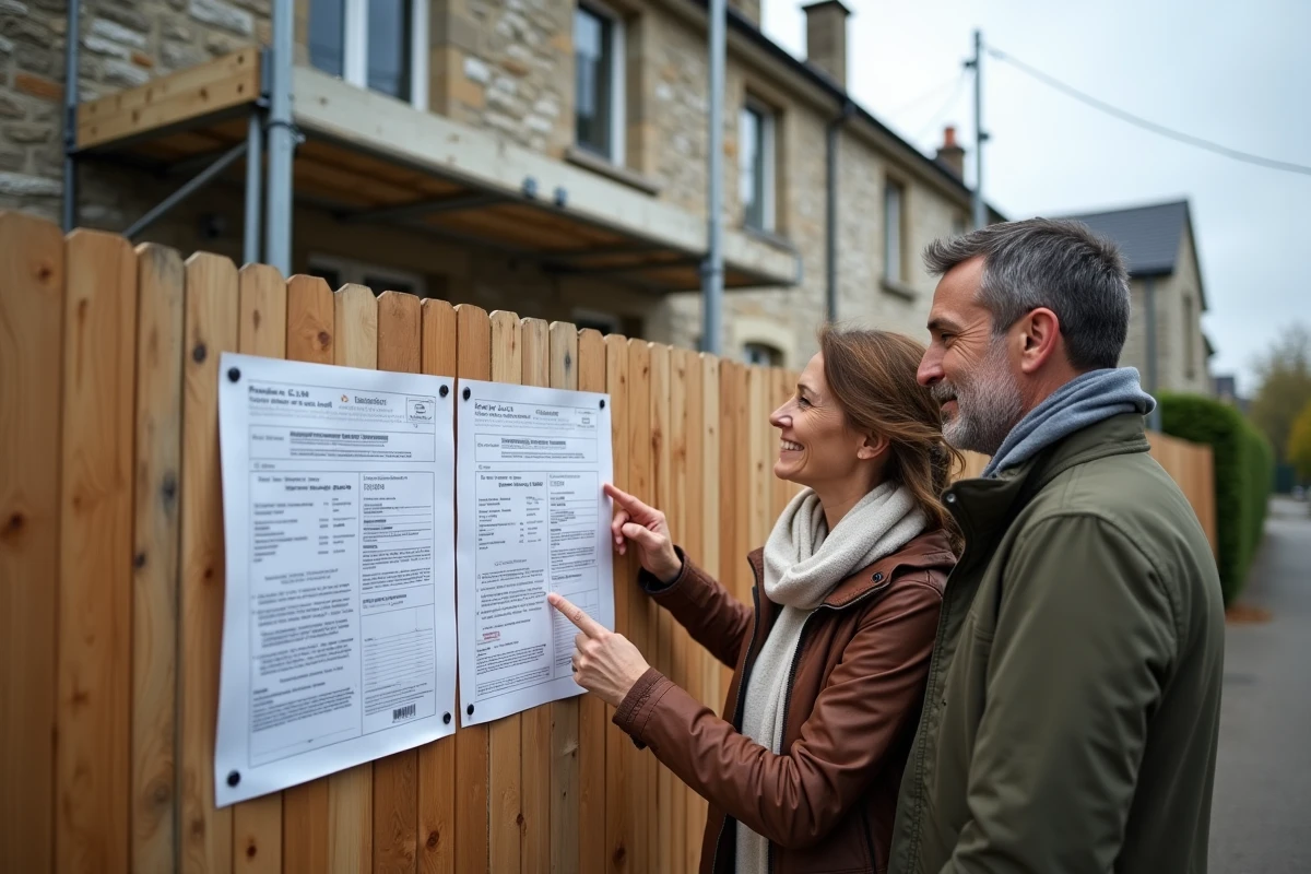 Couple examinant un panneau de déclaration de travaux affiché sur la clôture d'une maison