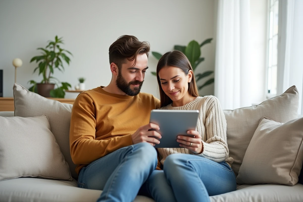 Couple consultant les paramètres de notifications de l'espace client Foncia sur une tablette à la maison