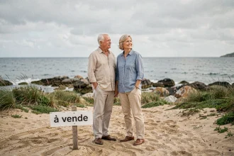 Couple de retraités debout sur un terrain en bord de mer avec panneau à vendre, regardant l'horizon marin