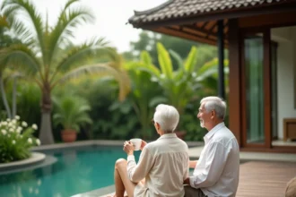 Couple de retraités occidentaux profitant de la terrasse d'une villa thaïlandaise avec piscine et jardin tropical
