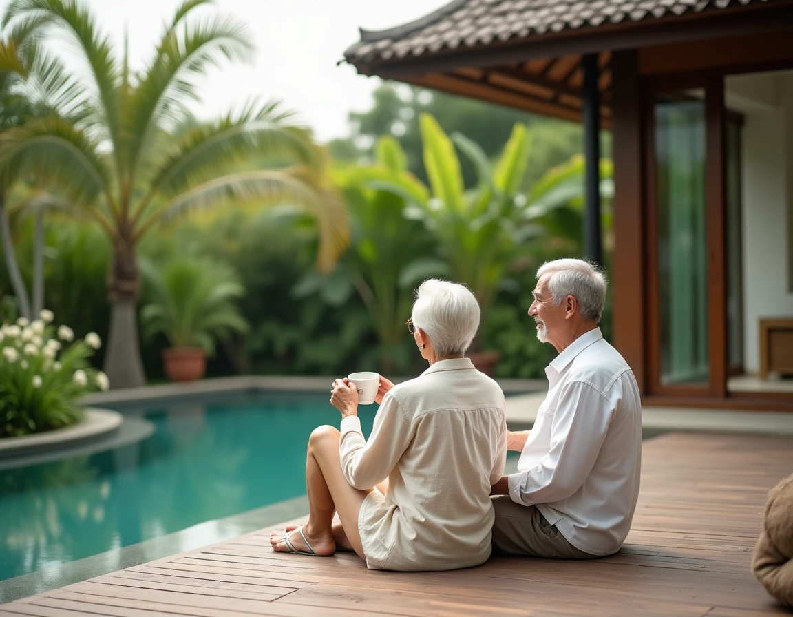 Couple de retraités occidentaux profitant de la terrasse d'une villa thaïlandaise avec piscine et jardin tropical