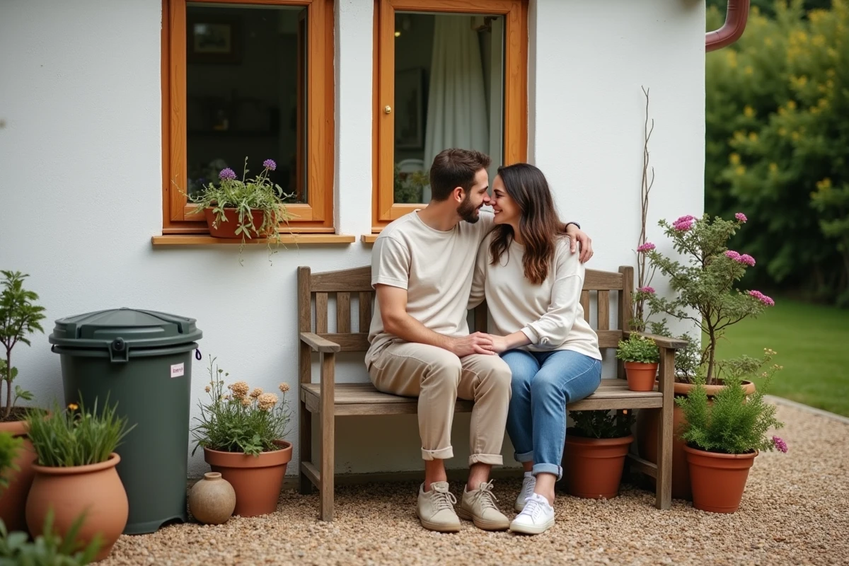 Couple installé sur la terrasse d'une petite maison de location transformée en espace de vie durable et éco-responsable