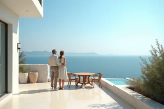 Couple de propriétaires sur la terrasse d'une maison vue sur mer à vendre en 2026