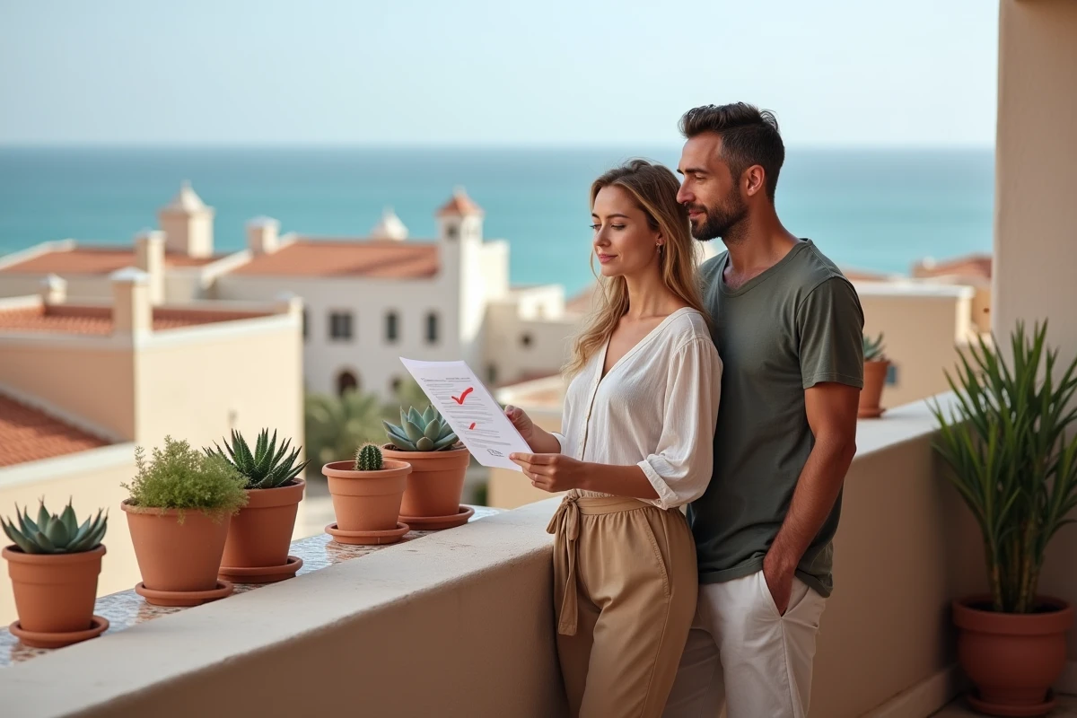 Couple évaluant un appartement avec balcon vue mer à Agadir avant un achat immobilier pour résidence principale
