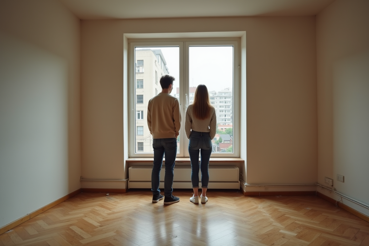 Jeune couple dans un appartement vide et lumineux