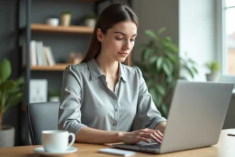 Femme créant son accès sécurisé sur le portail Orchestra depuis son bureau à domicile
