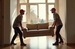 Déménageurs en uniformes transportant un canapé dans une maison lumineuse