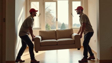 Déménageurs en uniformes transportant un canapé dans une maison lumineuse