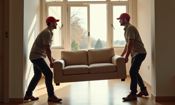 Déménageurs en uniformes transportant un canapé dans une maison lumineuse