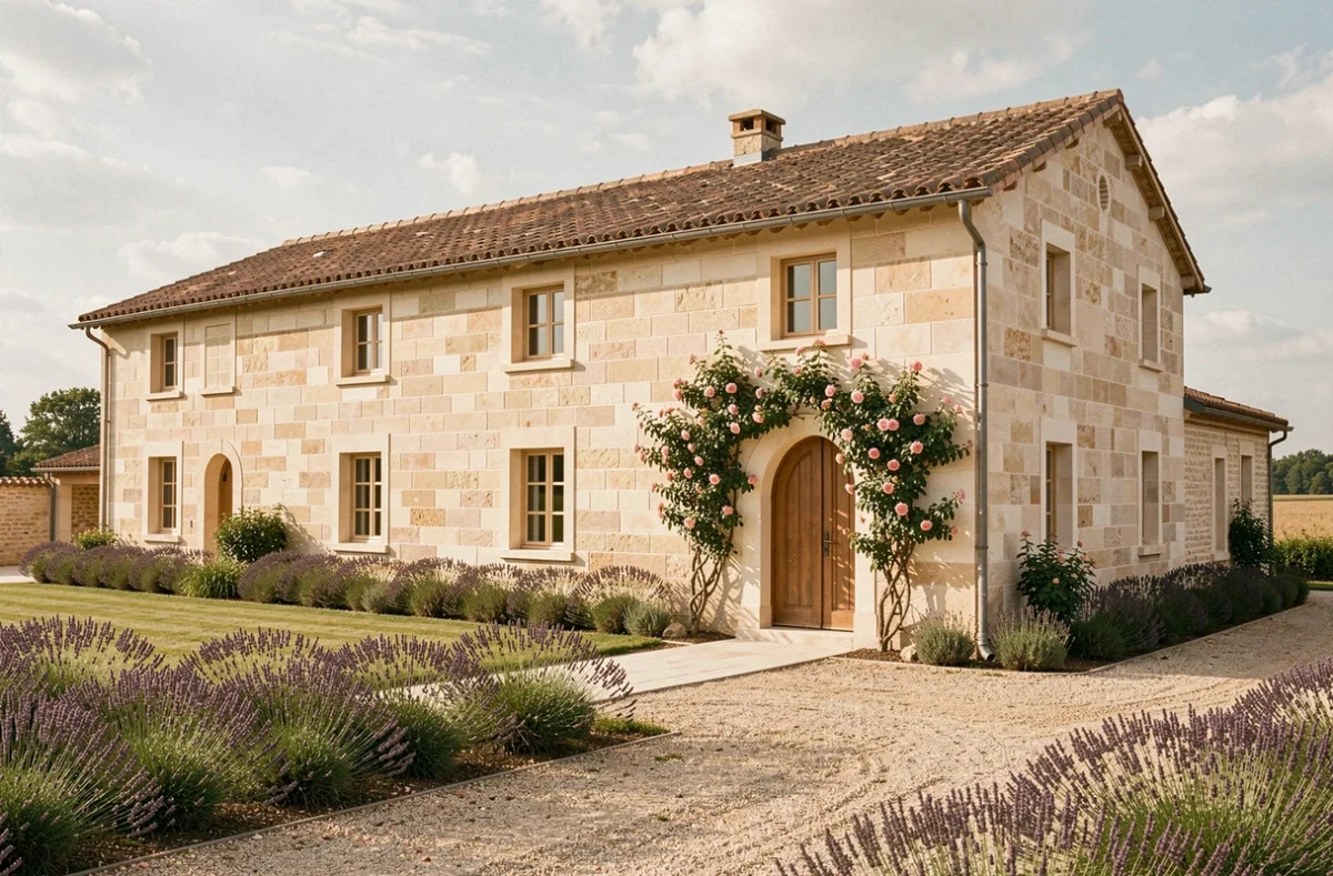 Villa de style occitan construite par Demeures d'Occitanie, avec murs en calcaire et toiture en tuiles canal dans le Gers