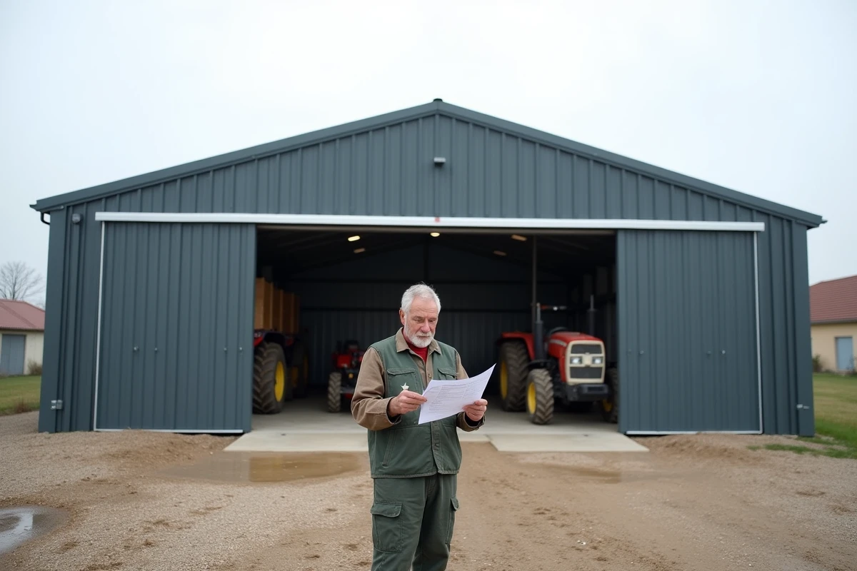 Agriculteur consultant un devis de hangar préfabriqué devant un bâtiment agricole métallique gris en milieu rural