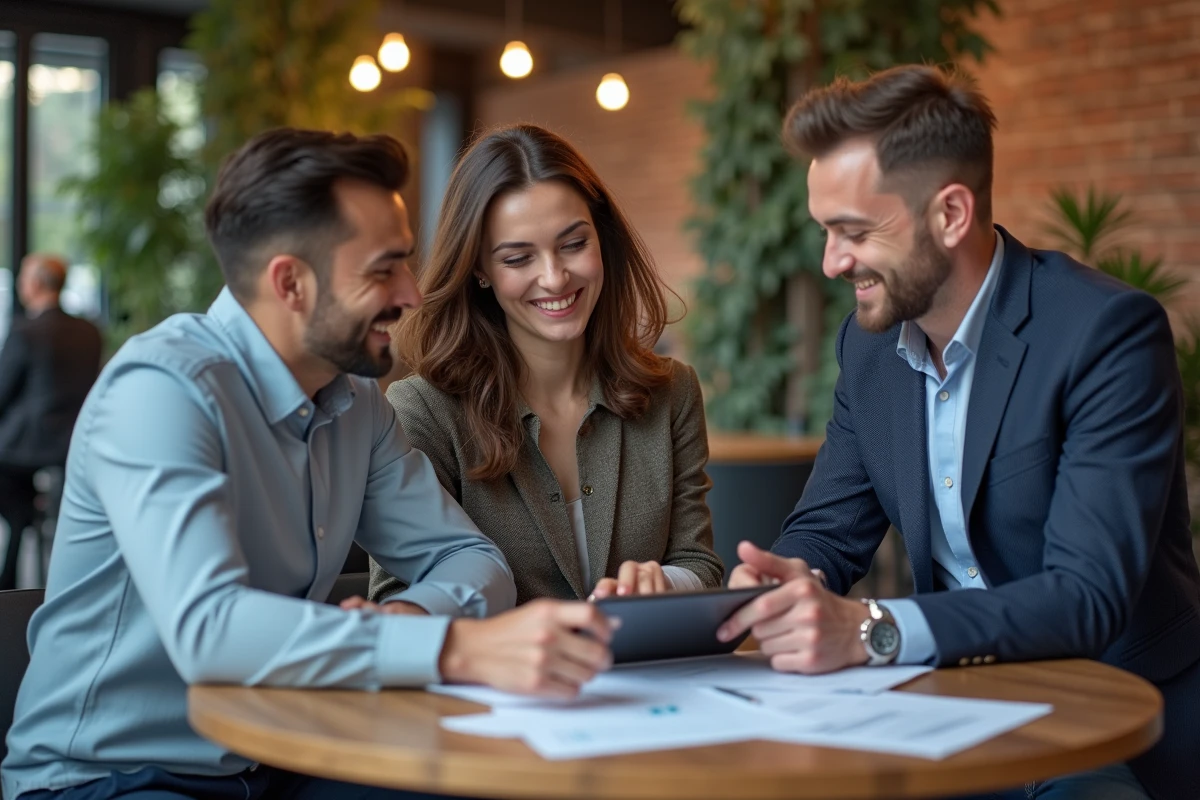 Groupe de professionnels en discussion dans un espace coworking