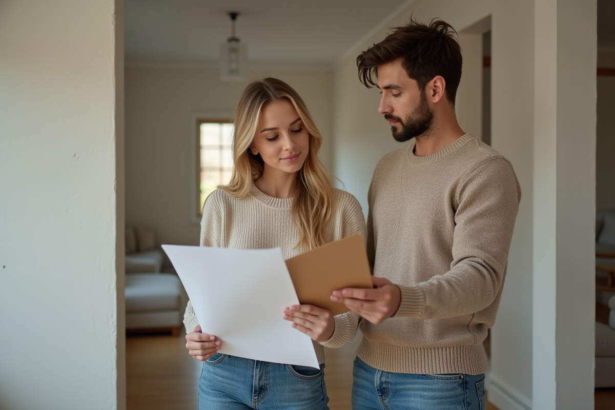 Jeune femme propriétaire discute avec un constructeur dans son intérieur