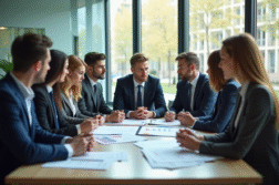 Groupe de professionnels d'affaires discutant de documents financiers
