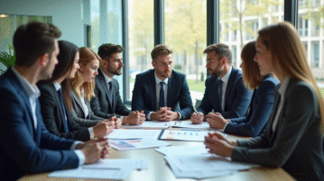 Groupe de professionnels d'affaires discutant de documents financiers
