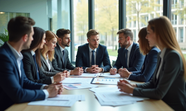 Groupe de professionnels d'affaires discutant de documents financiers