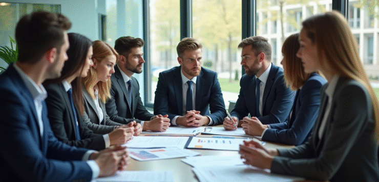 Groupe de professionnels d'affaires discutant de documents financiers