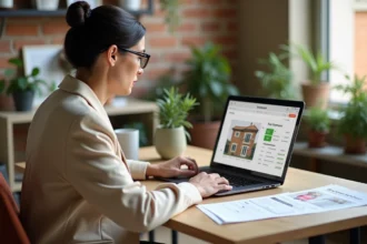 Femme consultant une estimation de loyer à Lyon sur ordinateur portable avec documents immobiliers sur bureau moderne