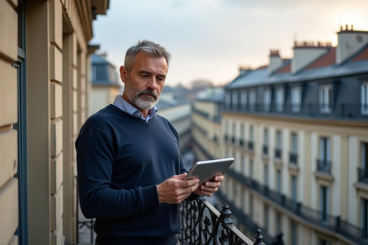 Propriétaire consultant une estimation de loyer sur tablette depuis un balcon d'immeuble haussmannien à Lyon