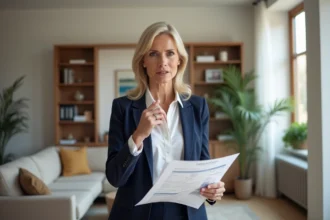 Agente immobilière présentant une estimation de maison à un acheteur dans un salon moderne