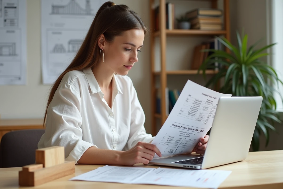 Femme experte en estimation calculant le prix au m2 d'une maison à ossature bois sur ordinateur portable