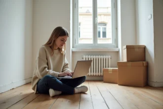 Jeune étudiante cherchant un logement abordable à Paris sur son ordinateur dans un appartement vide