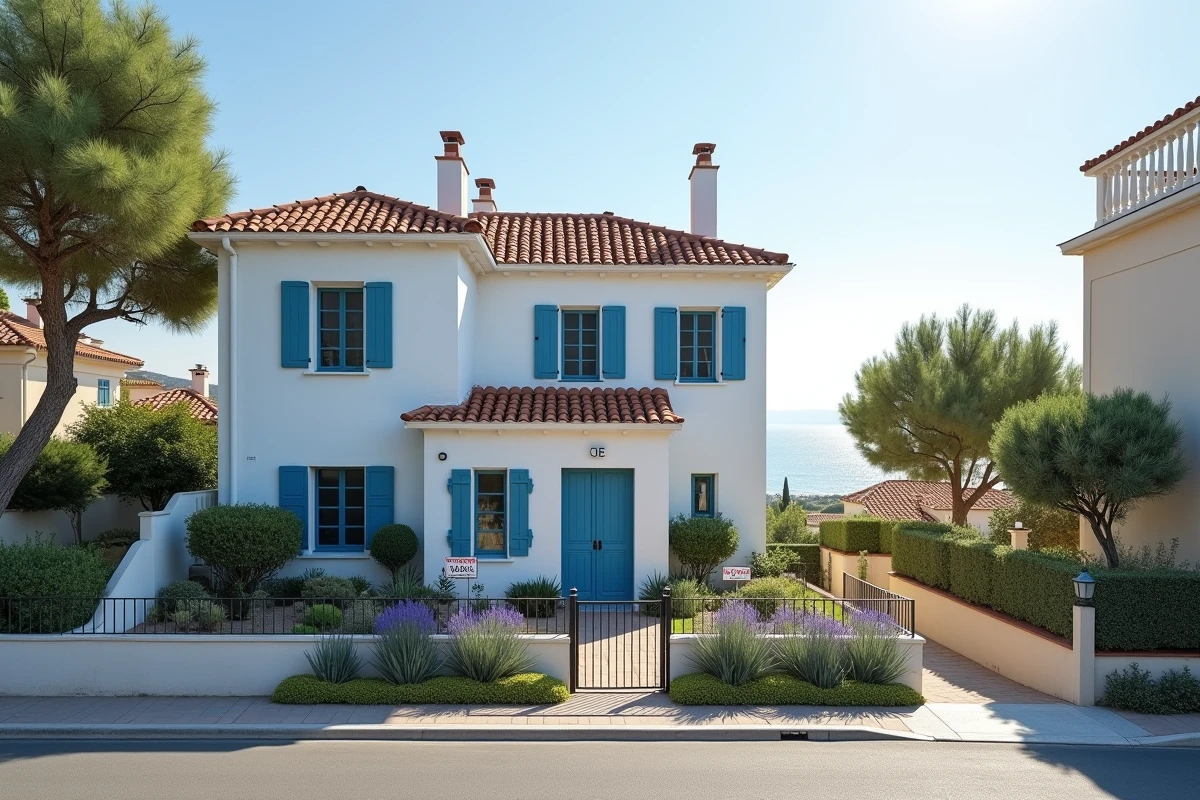 Façade d'une maison à vendre avec vue sur mer sur la côte méditerranéenne