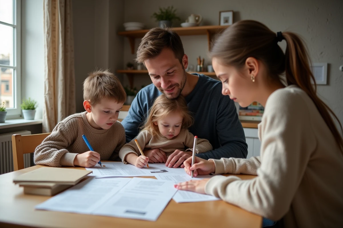 Famille française jeune réunie à table pour remplir des papiers