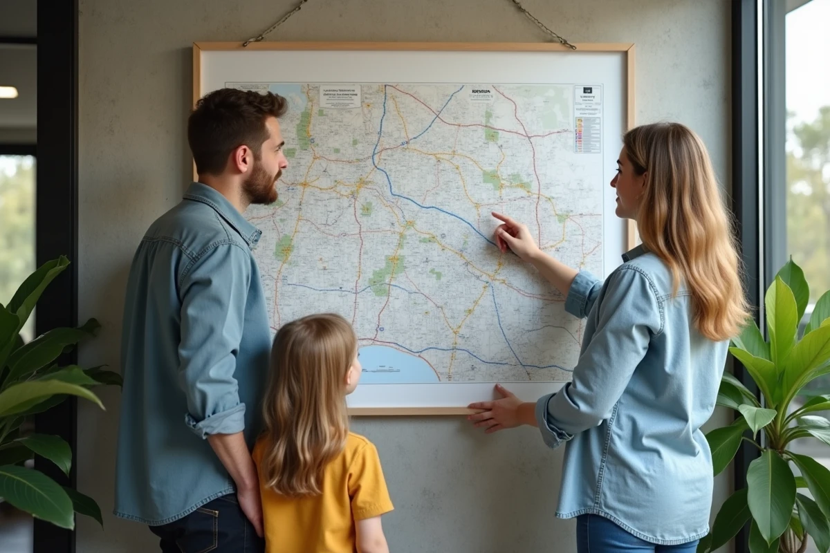 Famille regardant une carte immobilière dans un bureau moderne
