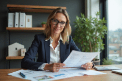 Femme d'affaires en bureau examinant des documents immobiliers